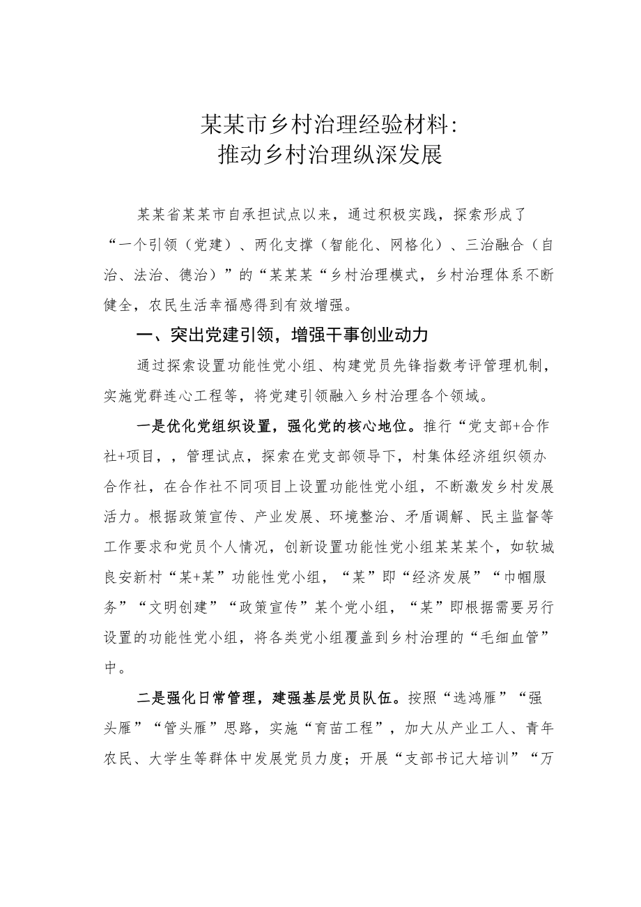 某某市乡村治理经验材料：推动乡村治理纵深发展.docx_第1页