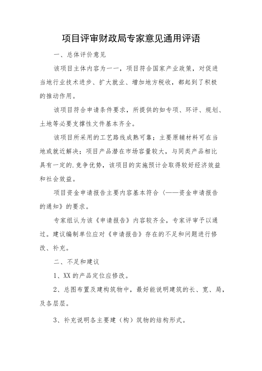 项目评审财政局专家意见通用评语.docx_第1页