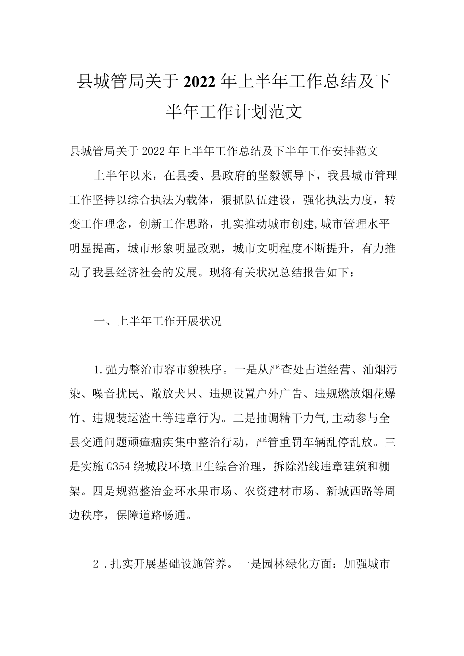 县城管局关于2022上半工作总结及下半工作计划范文.docx_第1页