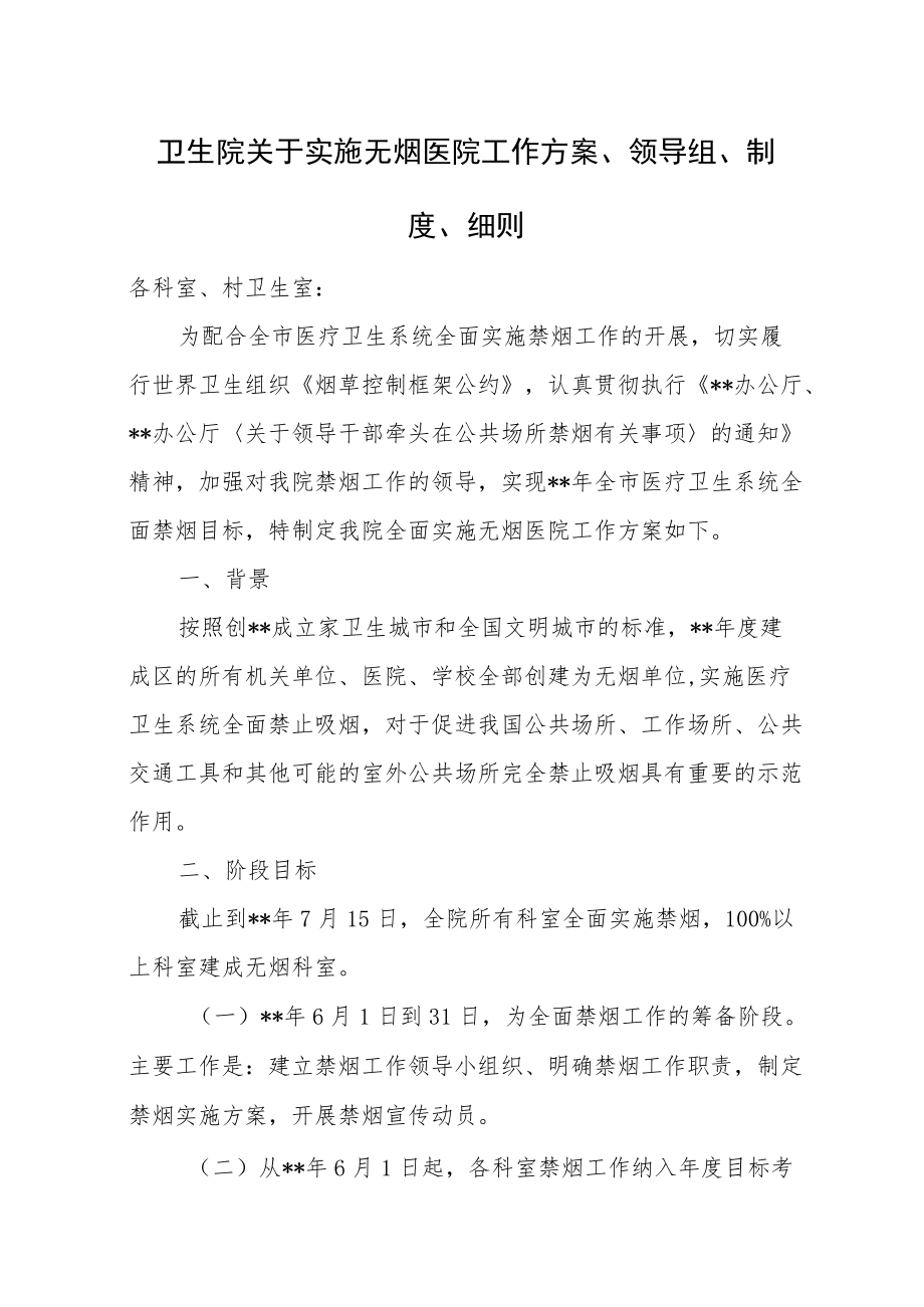 卫生院关于实施无烟医院工作方案、领导组、制度、细则.docx_第1页