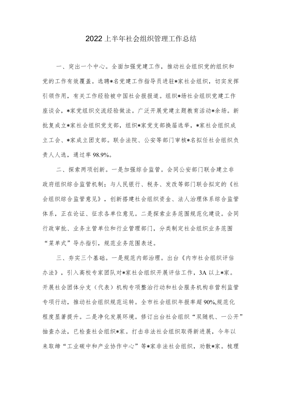 2022上半社会组织管理工作总结.docx_第1页