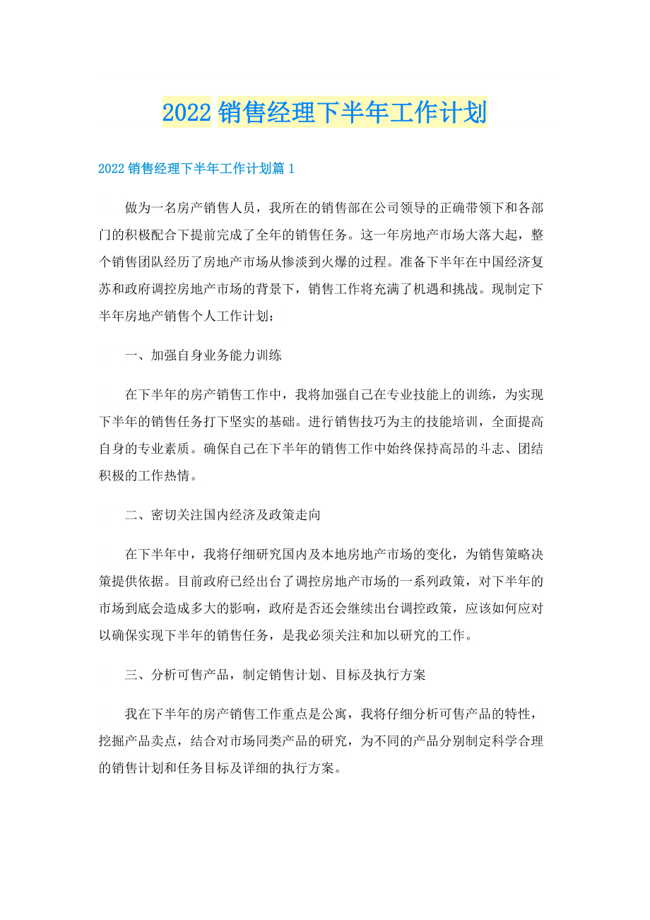 2022销售经理下半年工作计划.doc_第1页