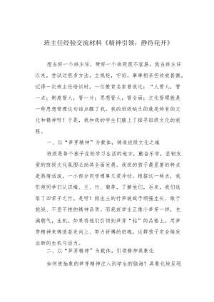 班主任经验交流材料《精神引领静待花开》.docx