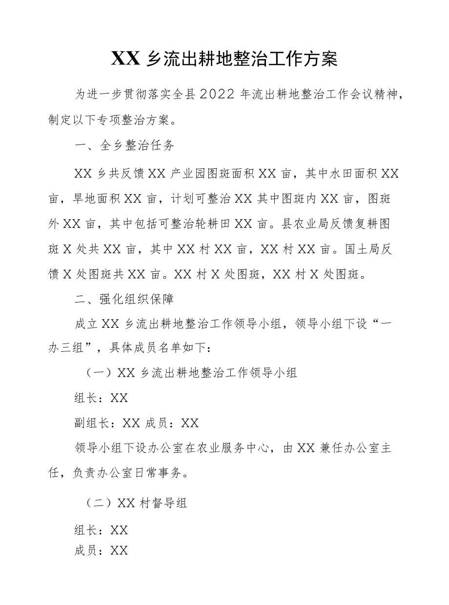 XX乡流出耕地整治工作方案.docx_第1页