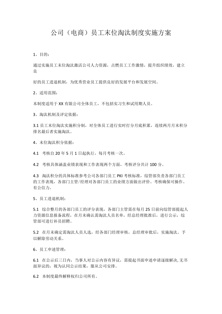 公司（电商）员工末位淘汰制度实施方案.docx_第1页