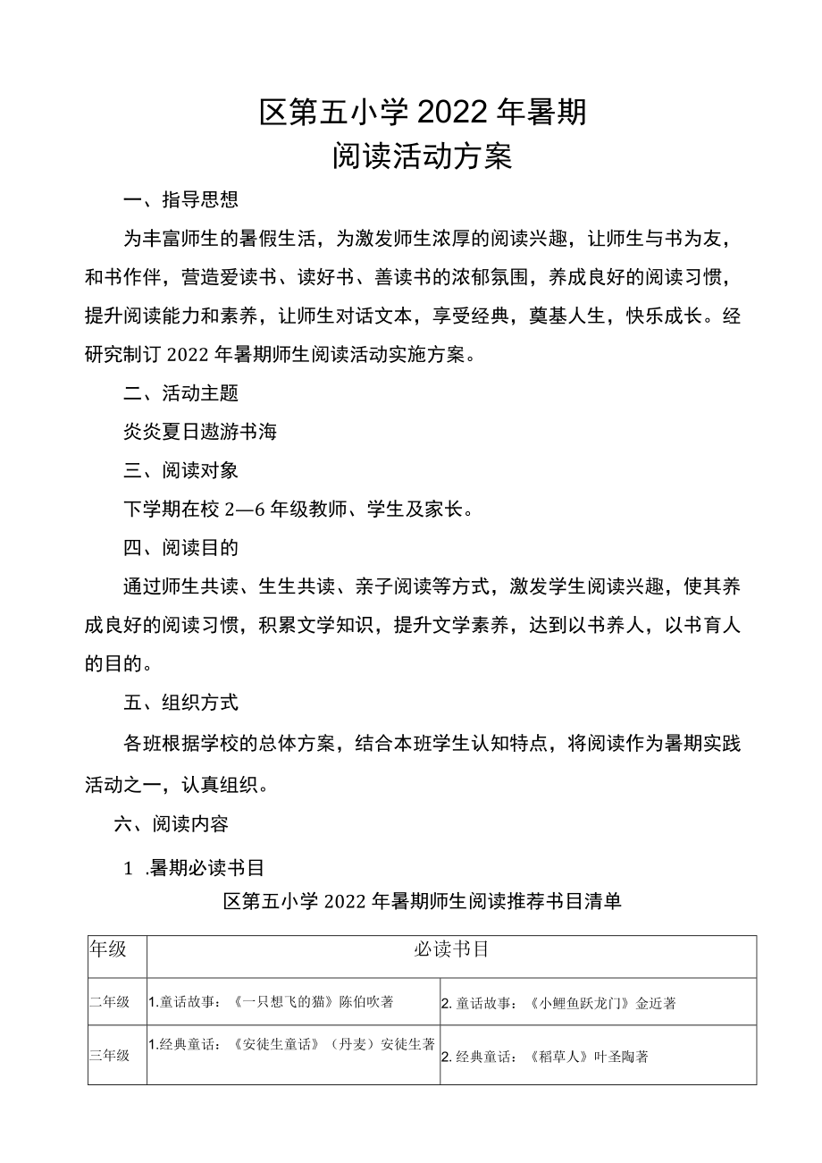 X小学2022春季学期暑假阅读活动方案.docx_第1页