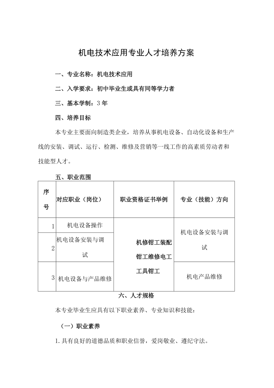 机电技术应用专业人才培养方案.docx_第1页