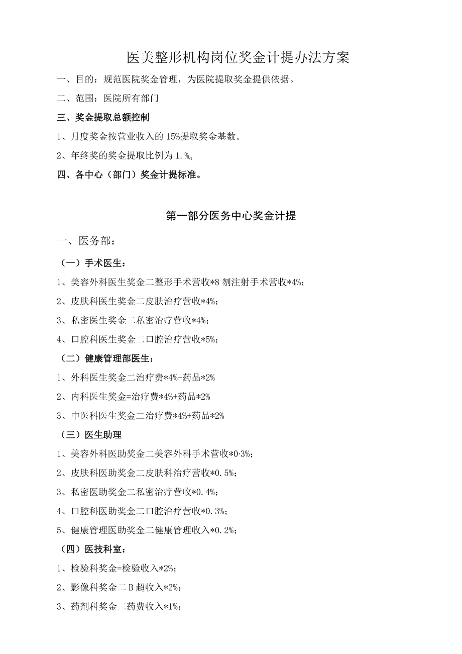 医美整形机构岗位奖金计提办法方案.docx_第1页