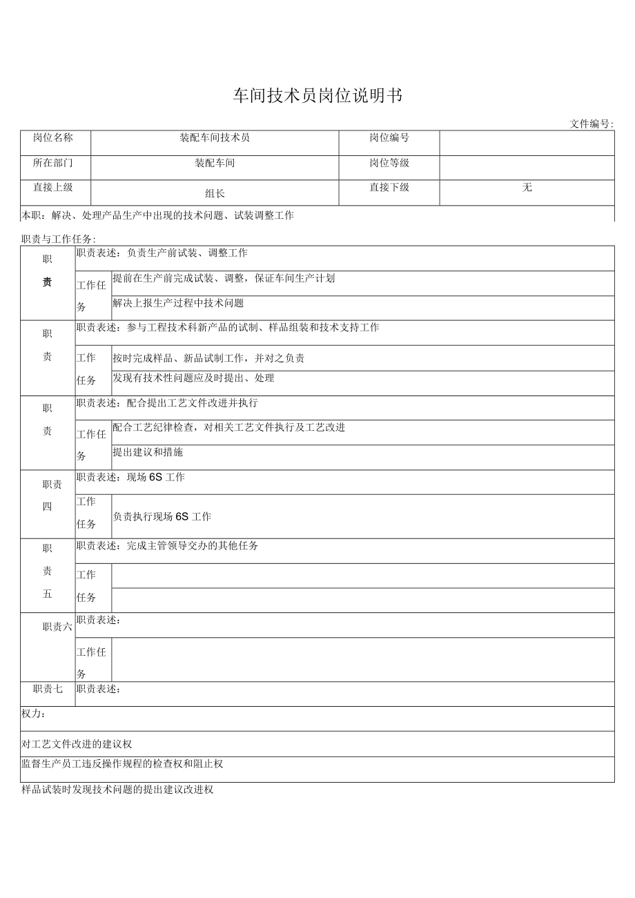 车间技术员岗位说明书.docx_第1页