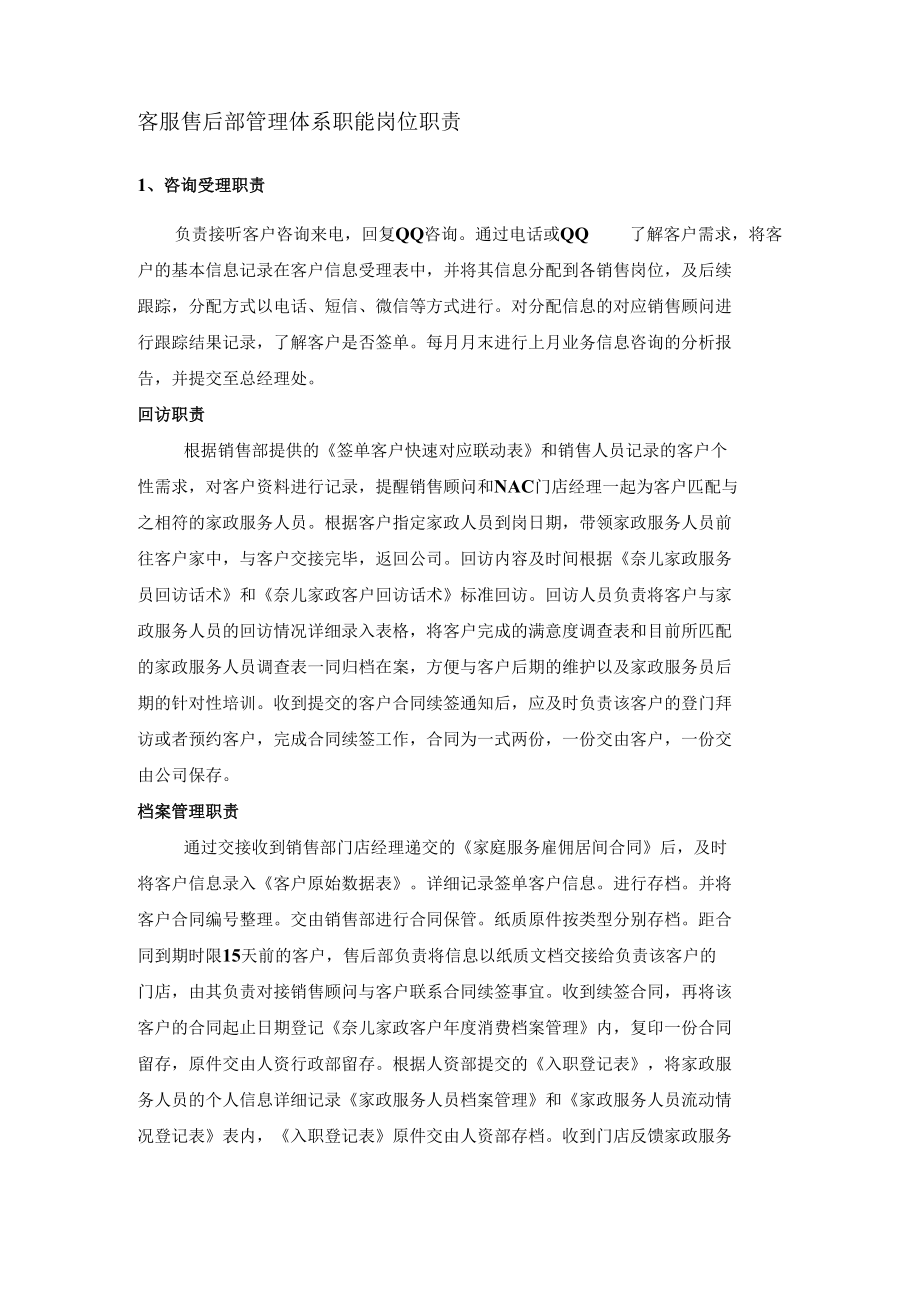 客服售后部管理体系职能岗位职责.docx_第1页