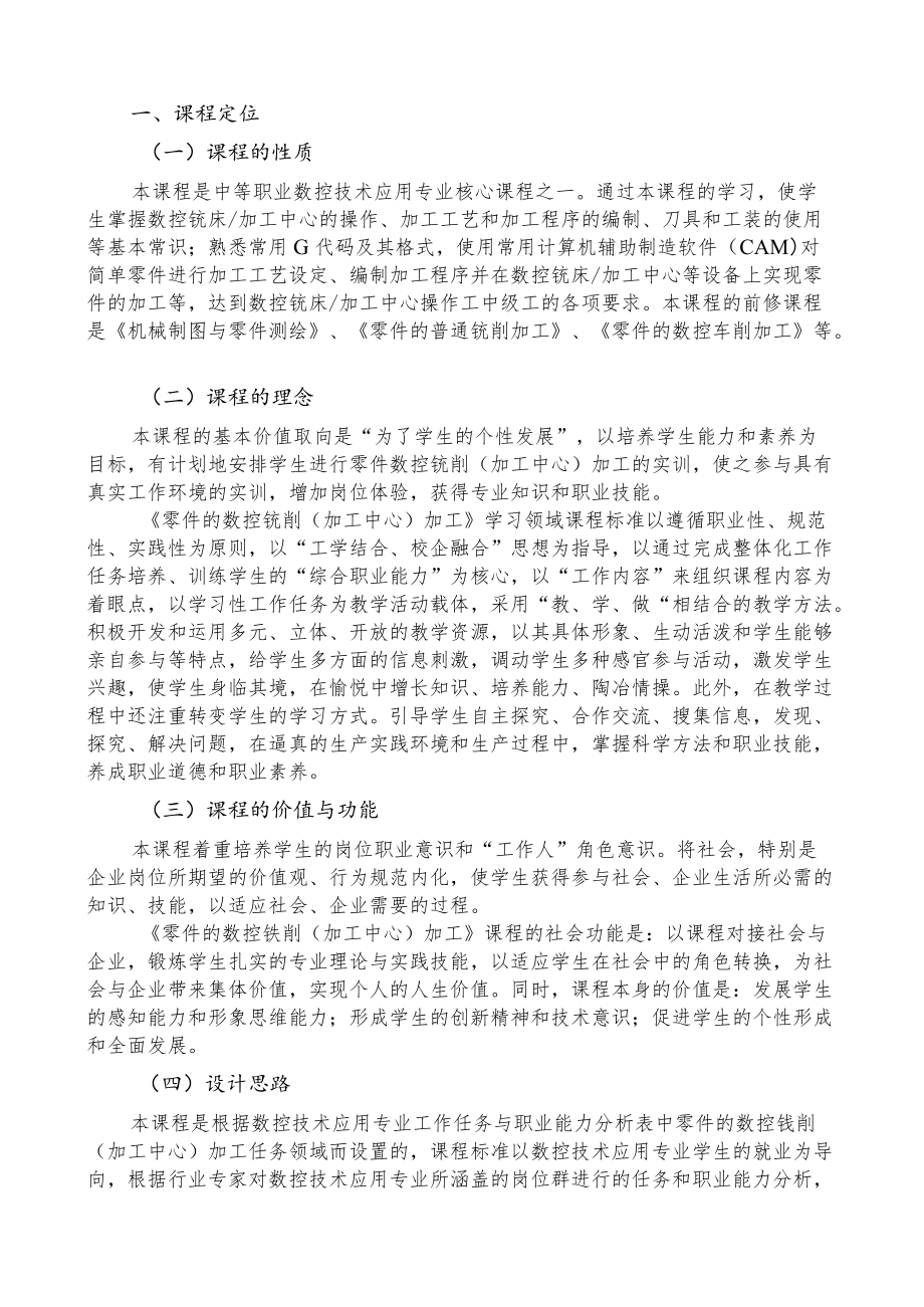 数控铣床加工中心加工零件——一体化课程标准.docx_第1页