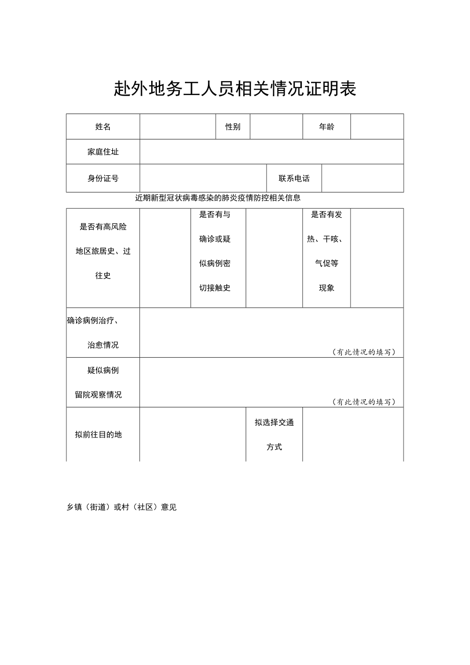 疫情防控赴外地务工人员情况证明表.docx_第1页