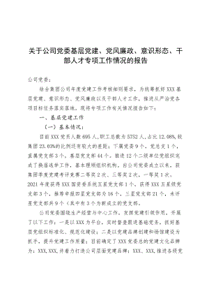 关于公司党委基层党建、党风廉政、意识形态、干部人才专项工作情况的报告.docx