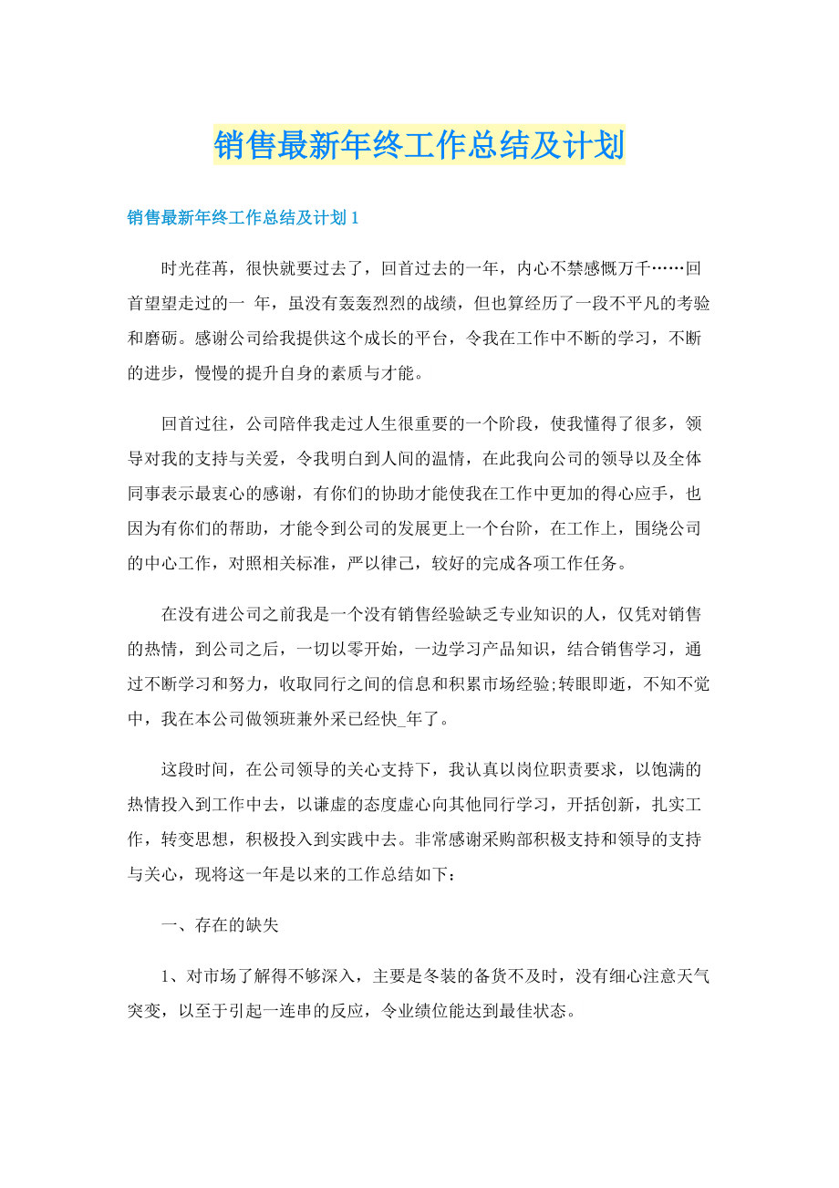 销售最新年终工作总结及计划.doc_第1页