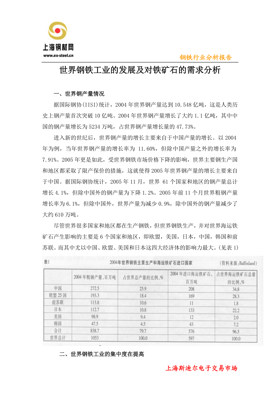 世界钢铁工业的发展及对铁矿石的需求分析(1).docx_第1页