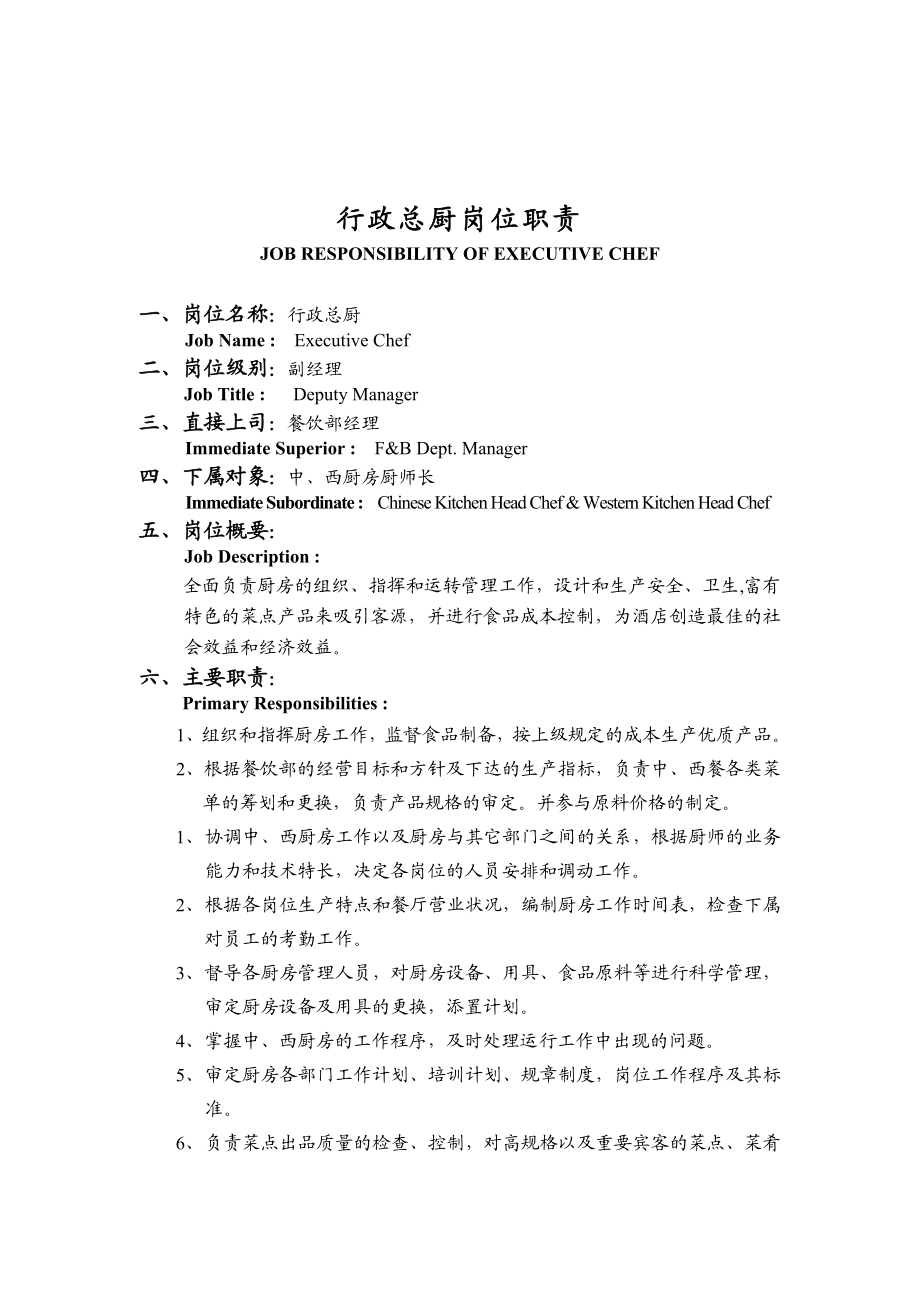 XX大酒店行政总厨岗位职责（DOC 60页）.docx_第1页