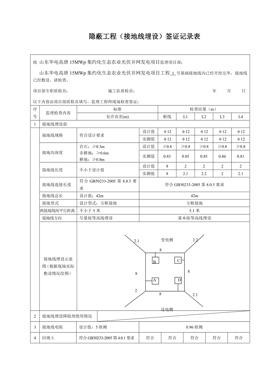 隐蔽工程签证记录表(接地线埋设).docx_第1页