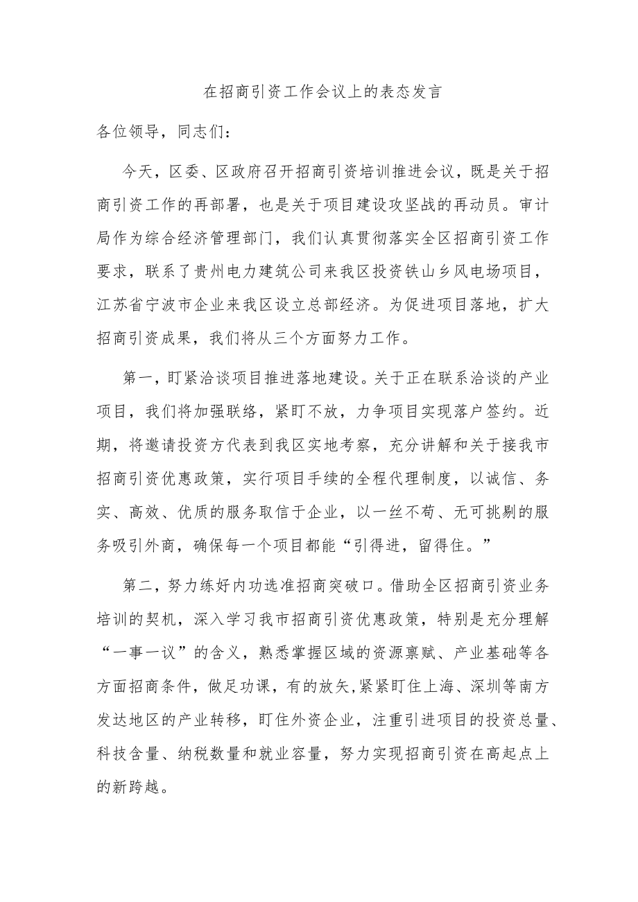 在招商引资工作会议上的表态发言.docx_第1页