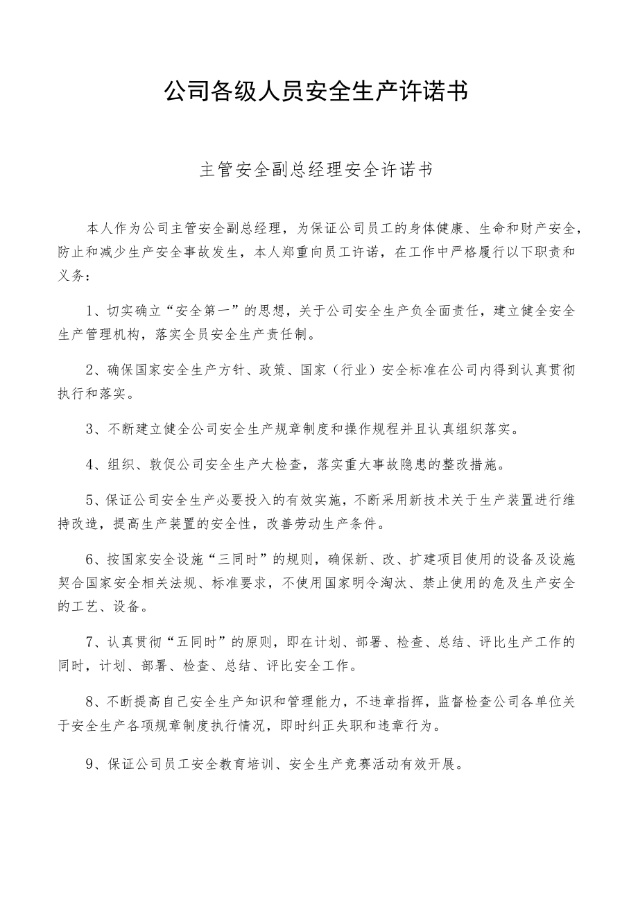 公司各级人员安全生产承诺书.docx_第1页