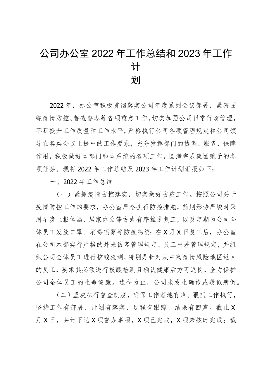 公司办公室2022年工作总结和2023年工作计划.docx_第1页