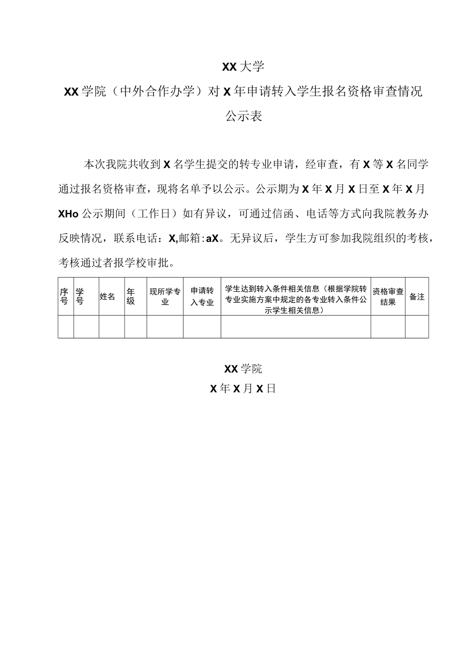 XX大学XX学院（中外合作办学）对X年申请转入学生报名资格审查情况公示表.docx_第1页