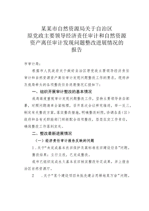 某某市自然资源局关于自治区原党政主要领导经济责任审计和自然资源资产离任审计发现问题整改进展情况的报告.docx