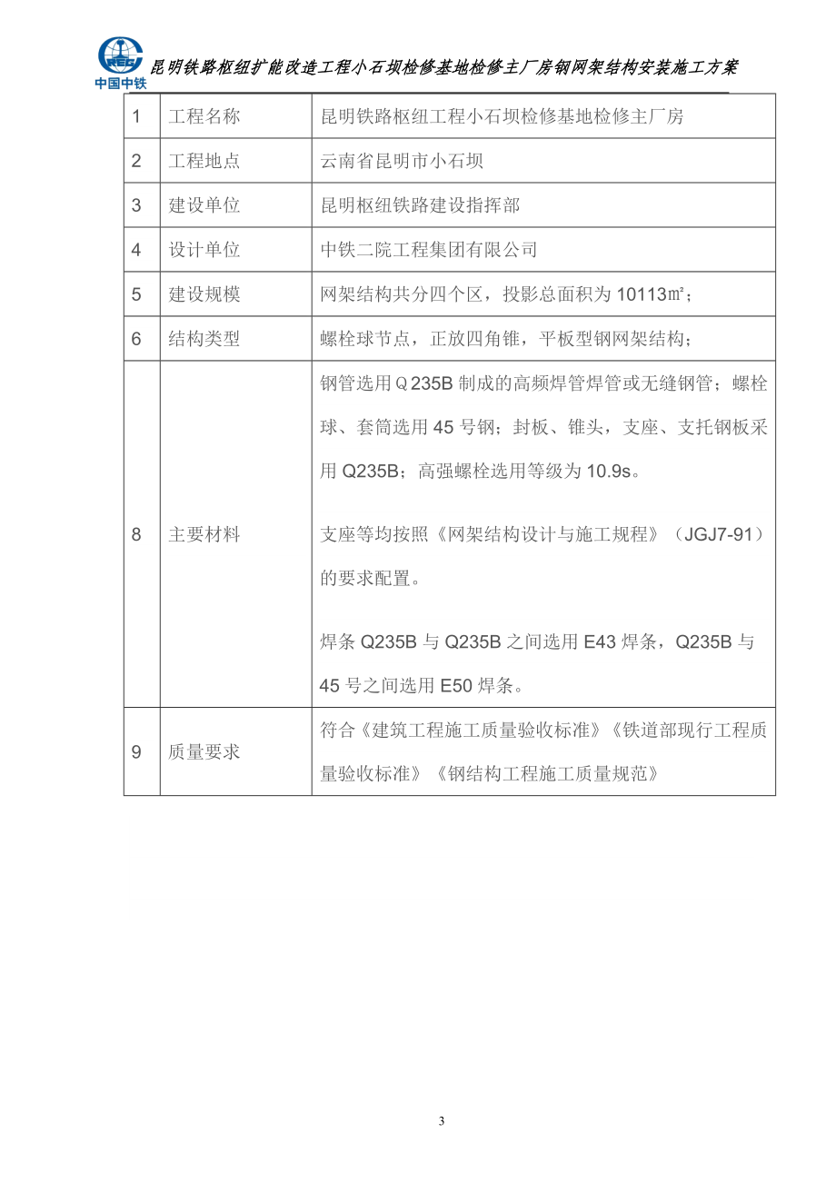 1014昆明铁路枢纽工程小石坝机库检修库钢网架结构施工.docx_第3页