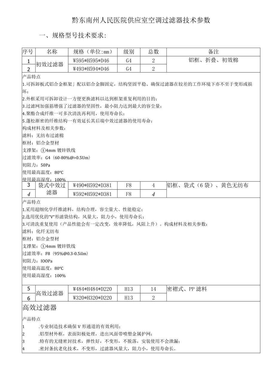 黔东南州人民医院供应室空调过滤器技术参数规格型号技术要求.docx_第1页