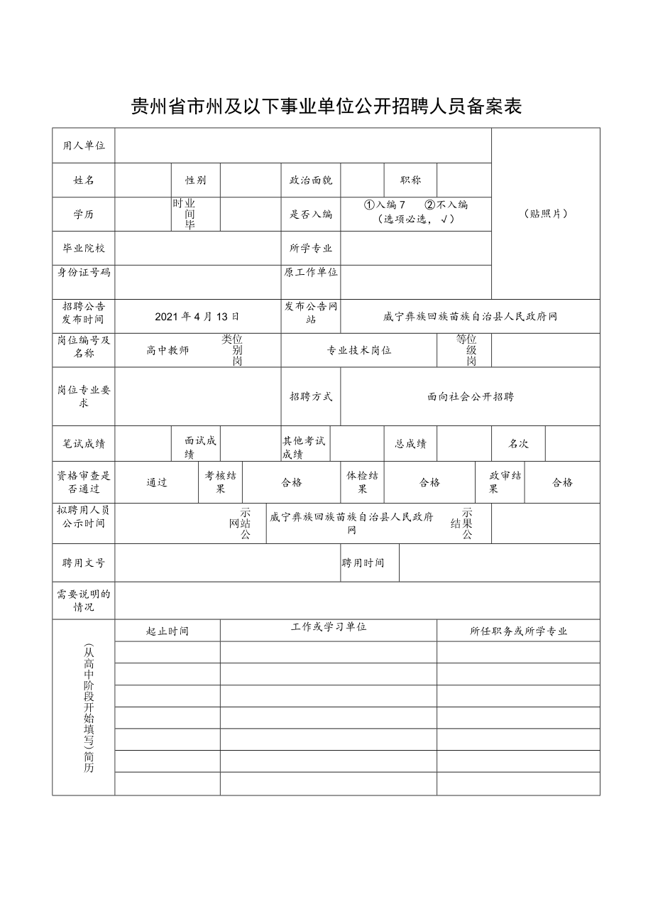 贵州省市州及以下事业单位公开招聘人员备案表.docx_第1页