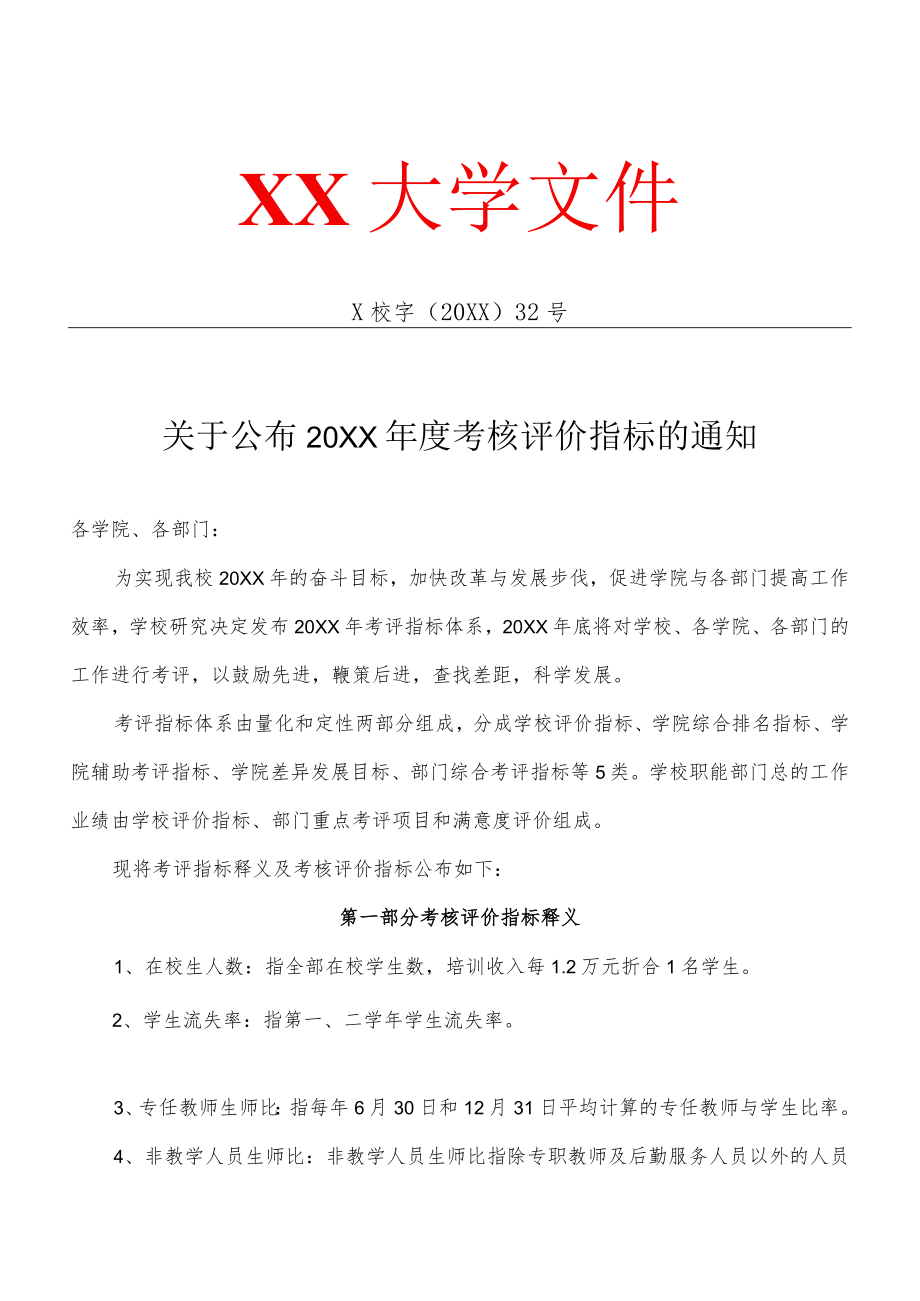 XX大学关于公布20XX年度考核评价指标的通知.docx_第1页