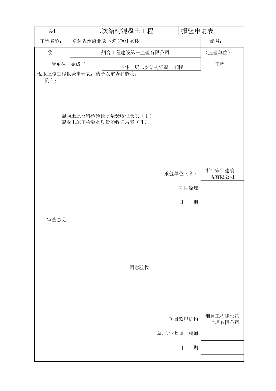 山东某小区住宅楼二次结构混凝土工程报验申请表.doc_第1页