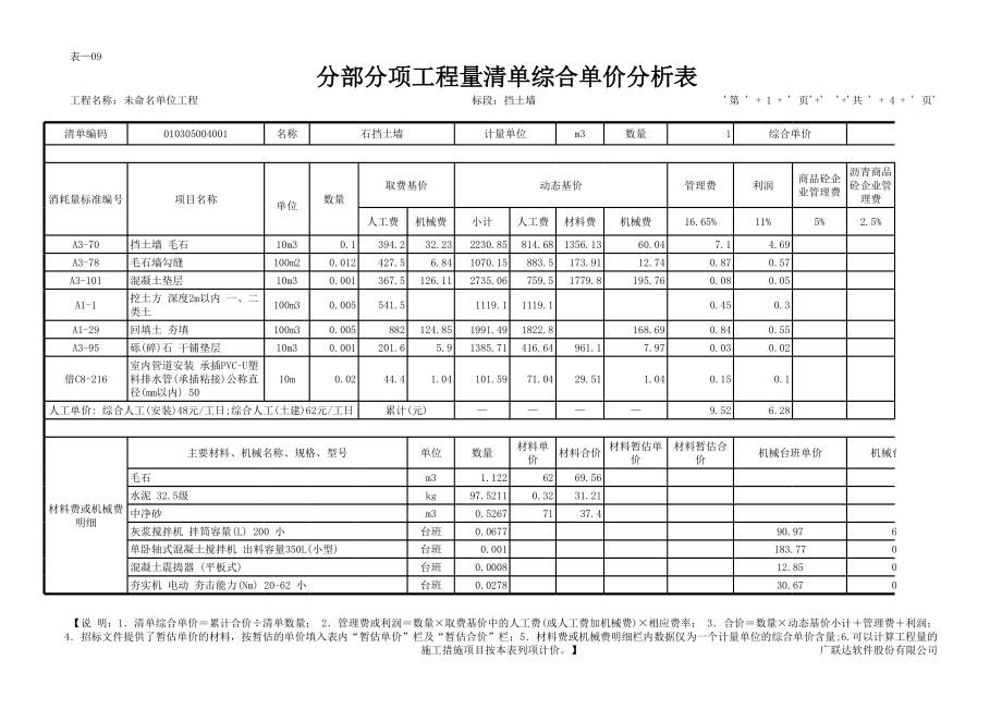 挡土墙分部分项工程量清单综合单价分析表.xls_第1页