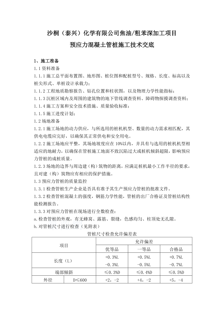 山东某化工项目预应力混凝土管桩施工技术交底.doc_第1页