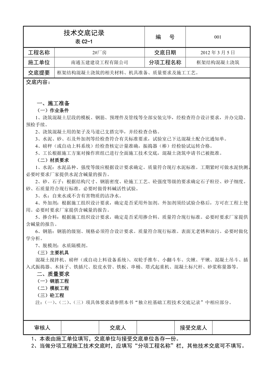 厂房工程框架结构混凝土浇筑技术交底记录.doc_第1页