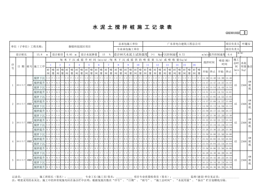 广东某科技园项目水泥土搅拌桩施工记录表.xls_第1页