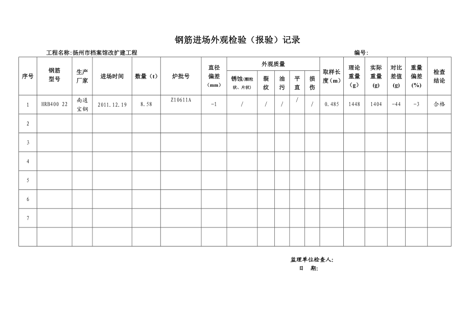 江苏某档案馆改扩建工程钢筋进场外观检验记录表.doc_第3页