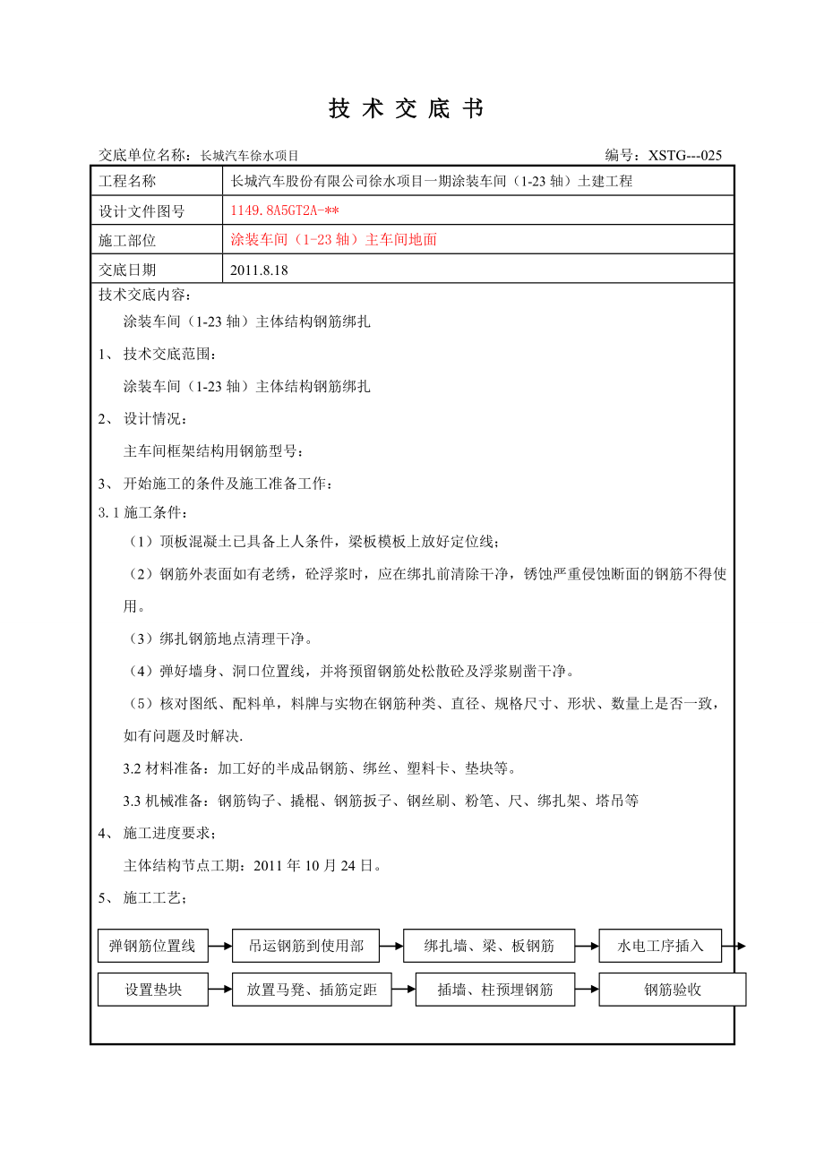 涂装车间（1-23轴）主车间地面钢筋绑扎技术交底.doc_第1页