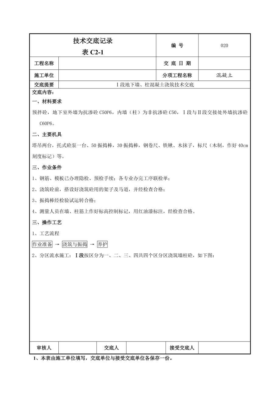 地下墙柱混凝土浇筑技术交底.doc_第1页