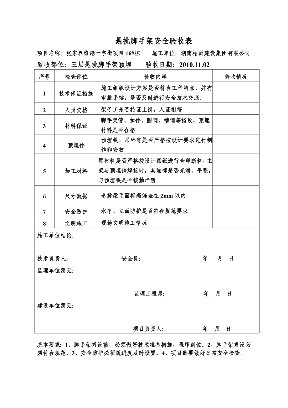 湖南某高层住宅楼悬挑脚手架预埋安全验收表.doc_第1页