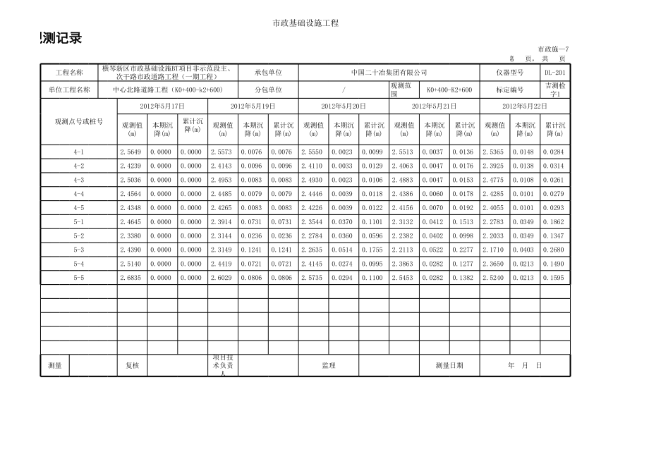 广东某市政主、次干道道路工程沉降观测记录表.xls_第2页