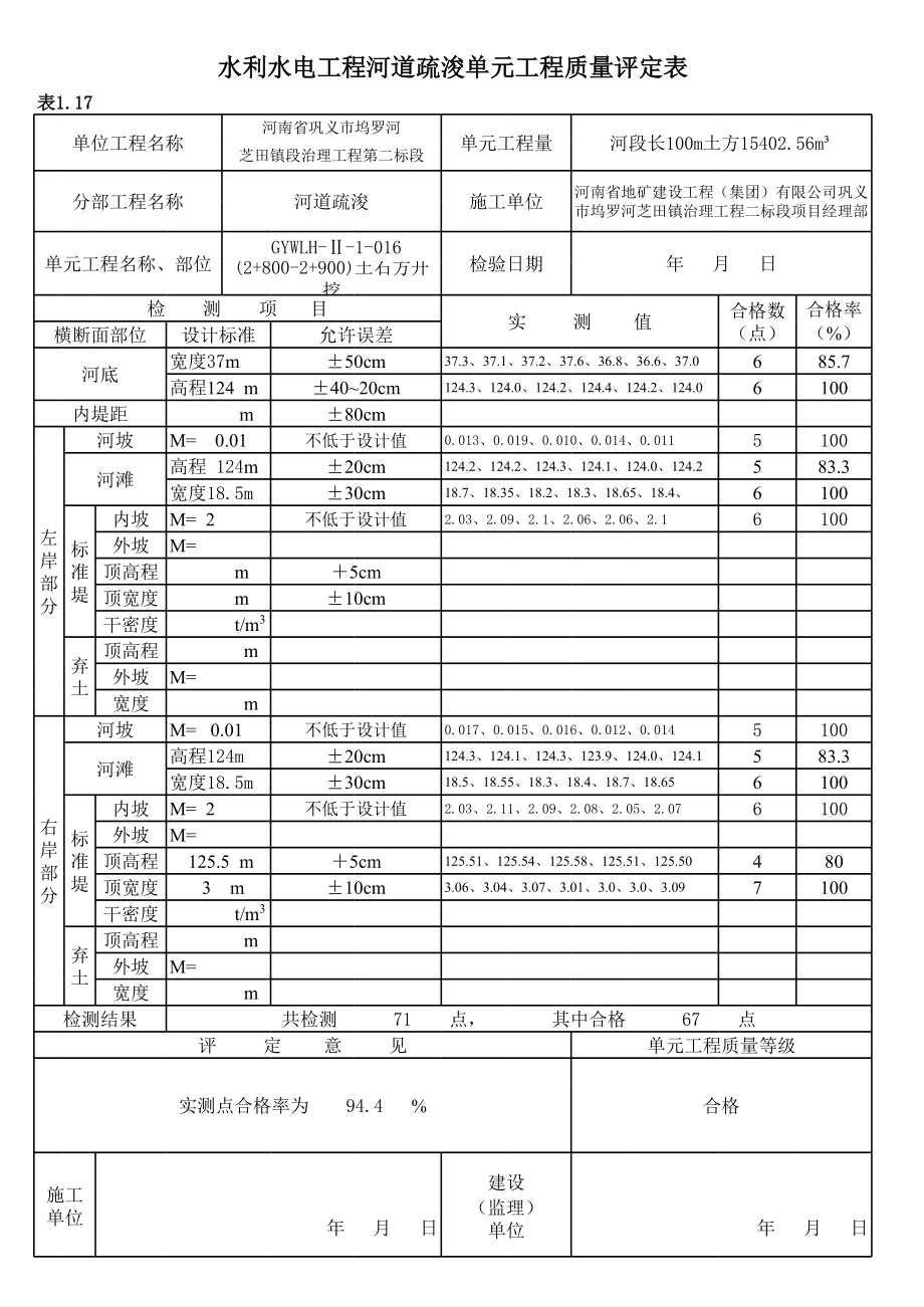 河南某河道治理项目河道疏浚单元工程质量评定表.xls_第1页