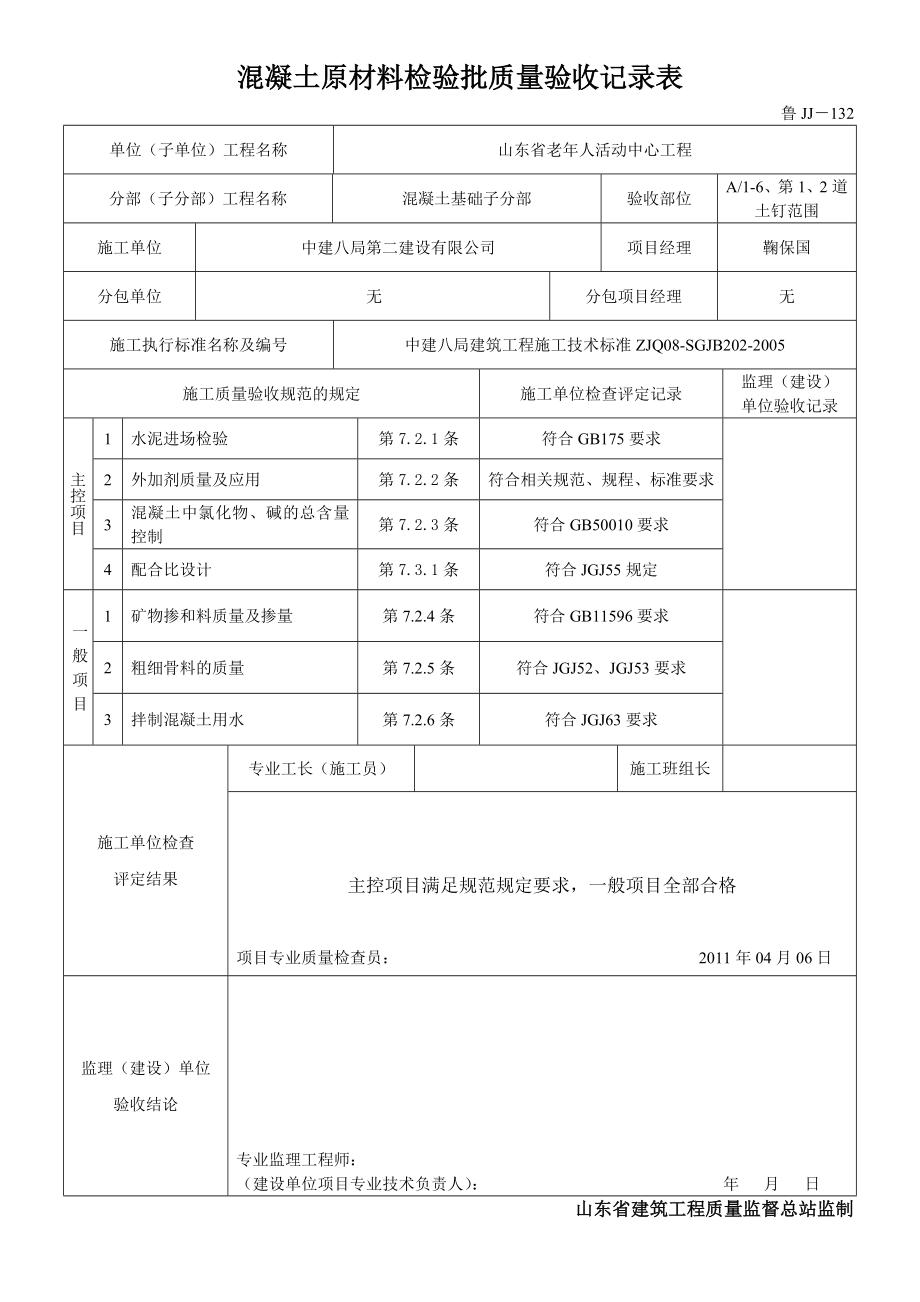 山东某老年活动中心混凝土原材料检验批质量验收记录表.doc_第2页