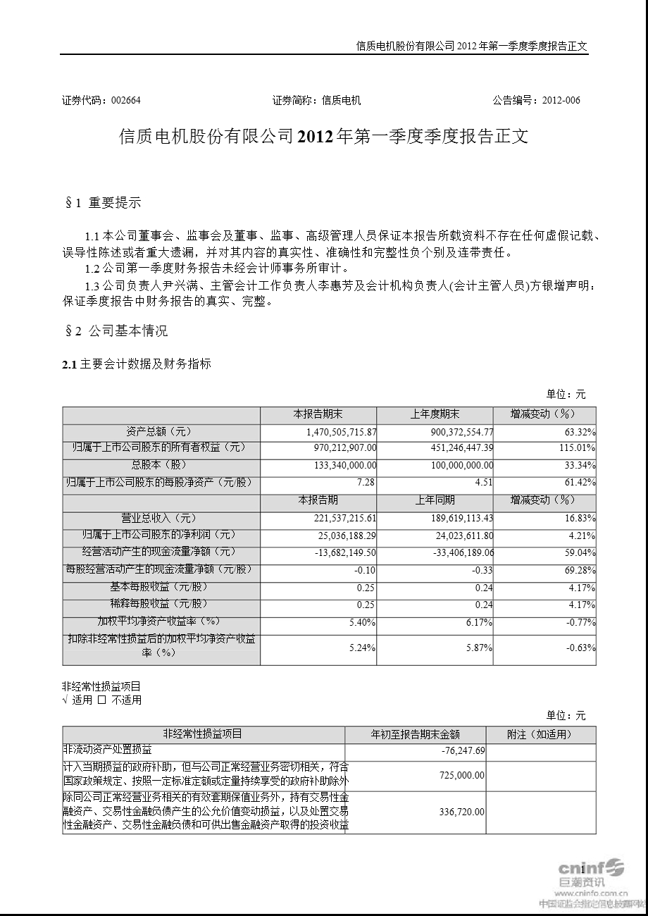 信质电机：第一季度报告正文.ppt_第1页