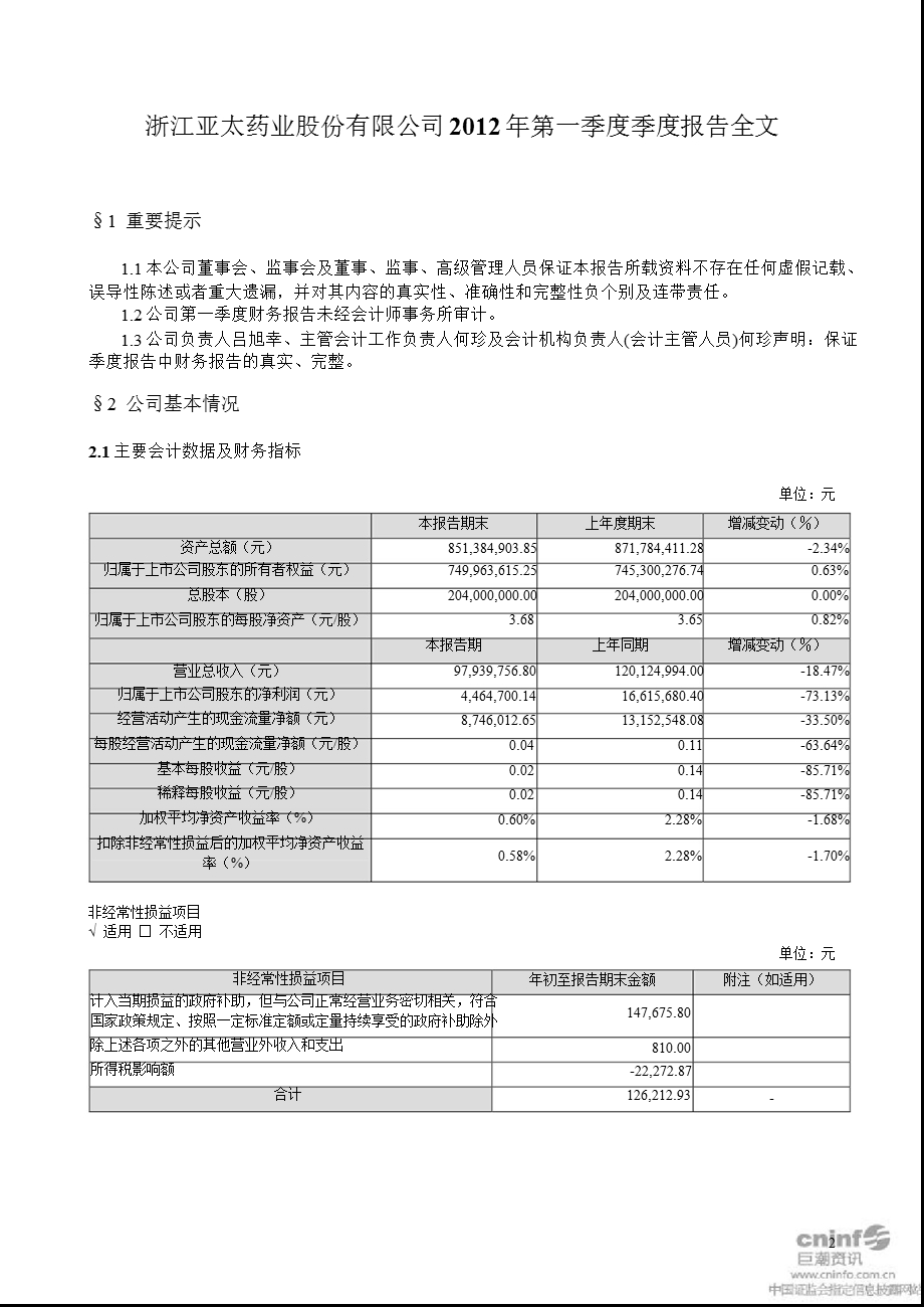 亚太药业：第一季度报告全文.ppt_第2页