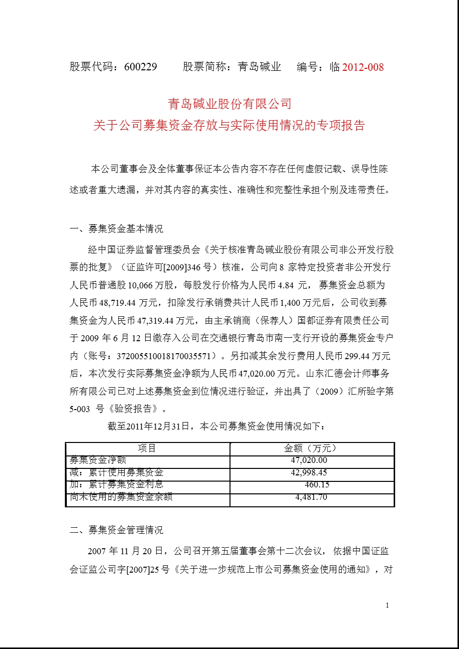 600229 青岛碱业关于公司募集资金存放与实际使用情况的专项报告.ppt_第1页