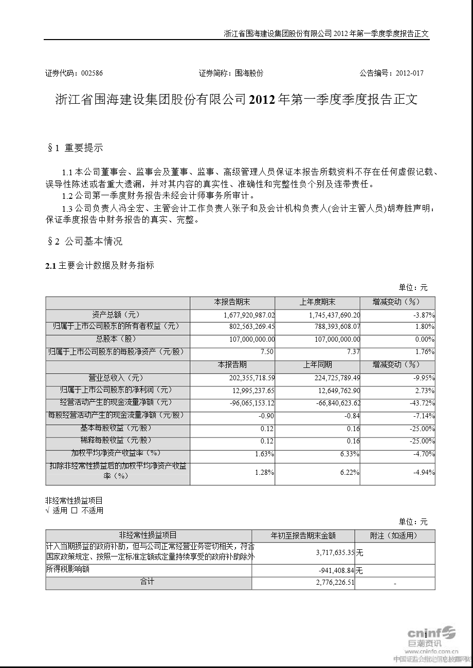 围海股份：第一季度报告正文.ppt_第1页