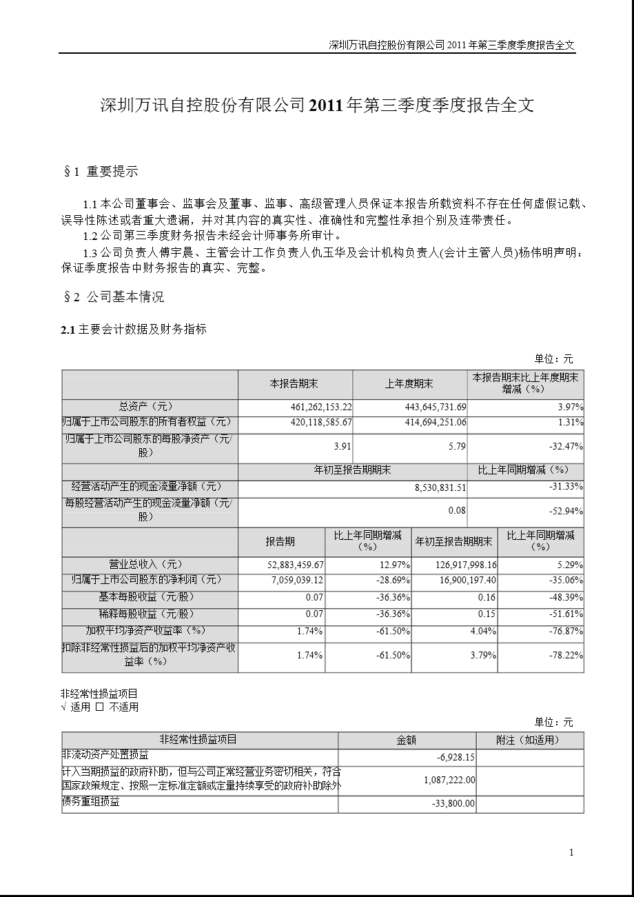 万讯自控：第三季度报告全文.ppt_第1页