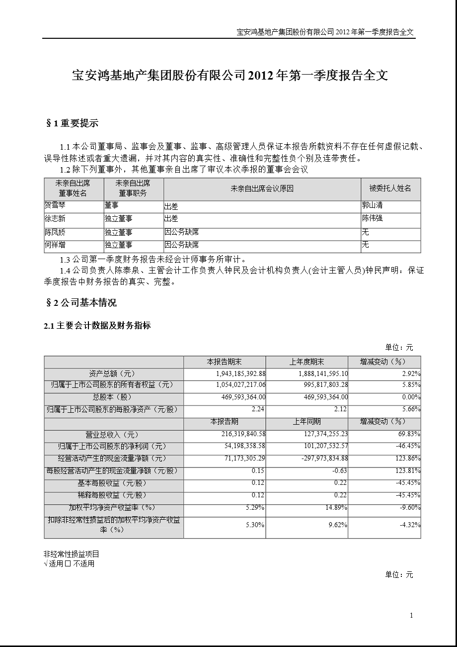 宝安地产：第一季度报告全文.ppt_第1页