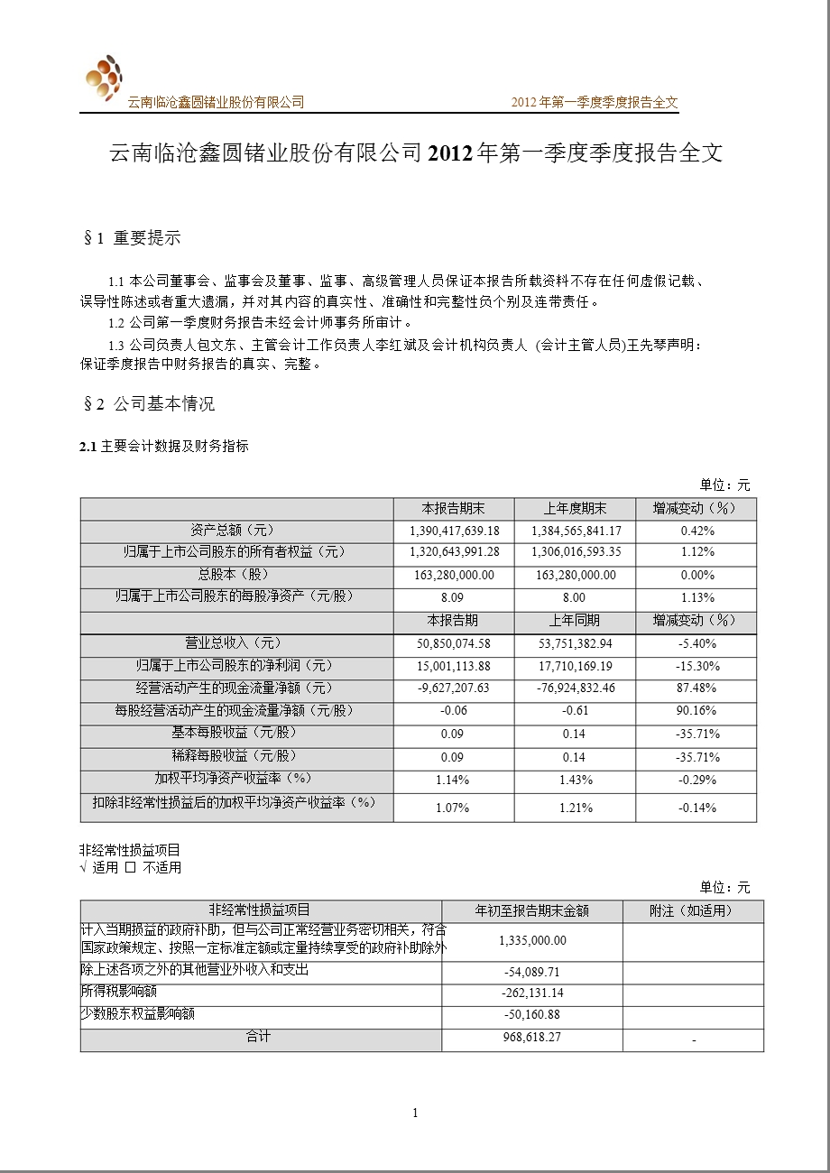 云南锗业：第一季度报告全文.ppt_第1页