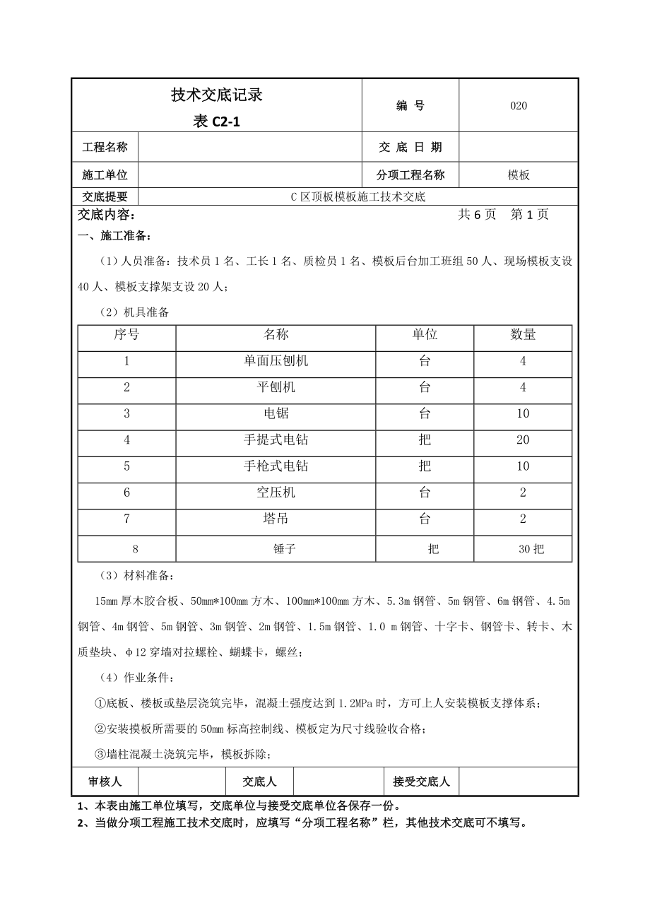 顶板、独立柱模板施工技术交底.doc_第1页